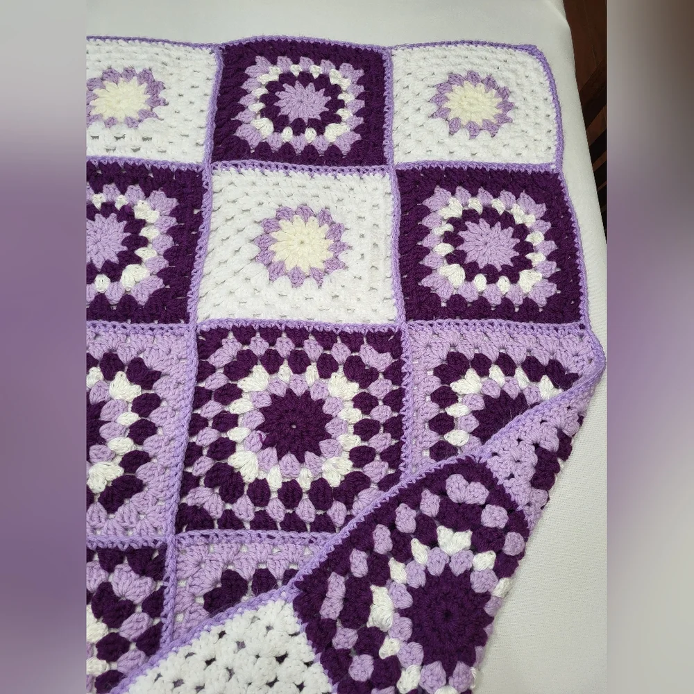 Purple and White Block Handmade Crochet Afghan Throw Lap Yarn Blanket 46
